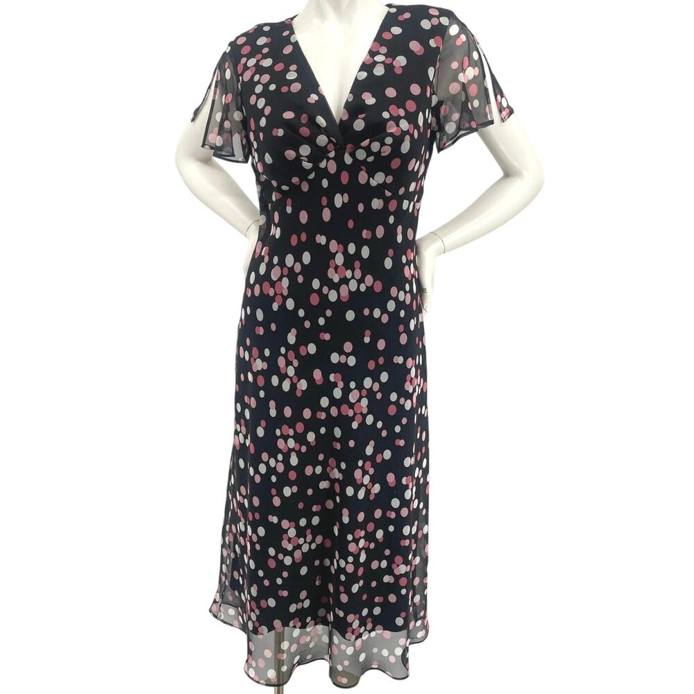 Jessica Howard Black Midi Dress Polka Dot Pink Wht Sheer Flutter SS Petite S 12